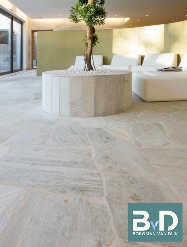 Brasil White Flagstones 1,5-3cm dik salon Borgman van Dijk Zwartebroek